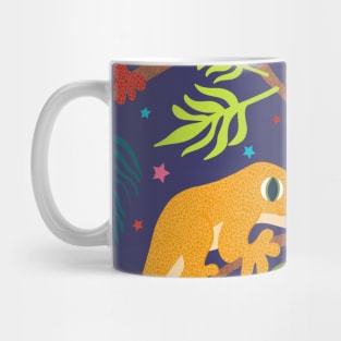 Colourful Geckos with Jungle Leaves and Stars on purple Mug